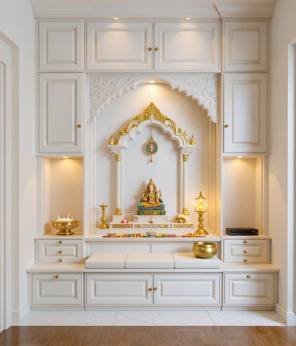 Pooja Room With Storage Loft — White Modern