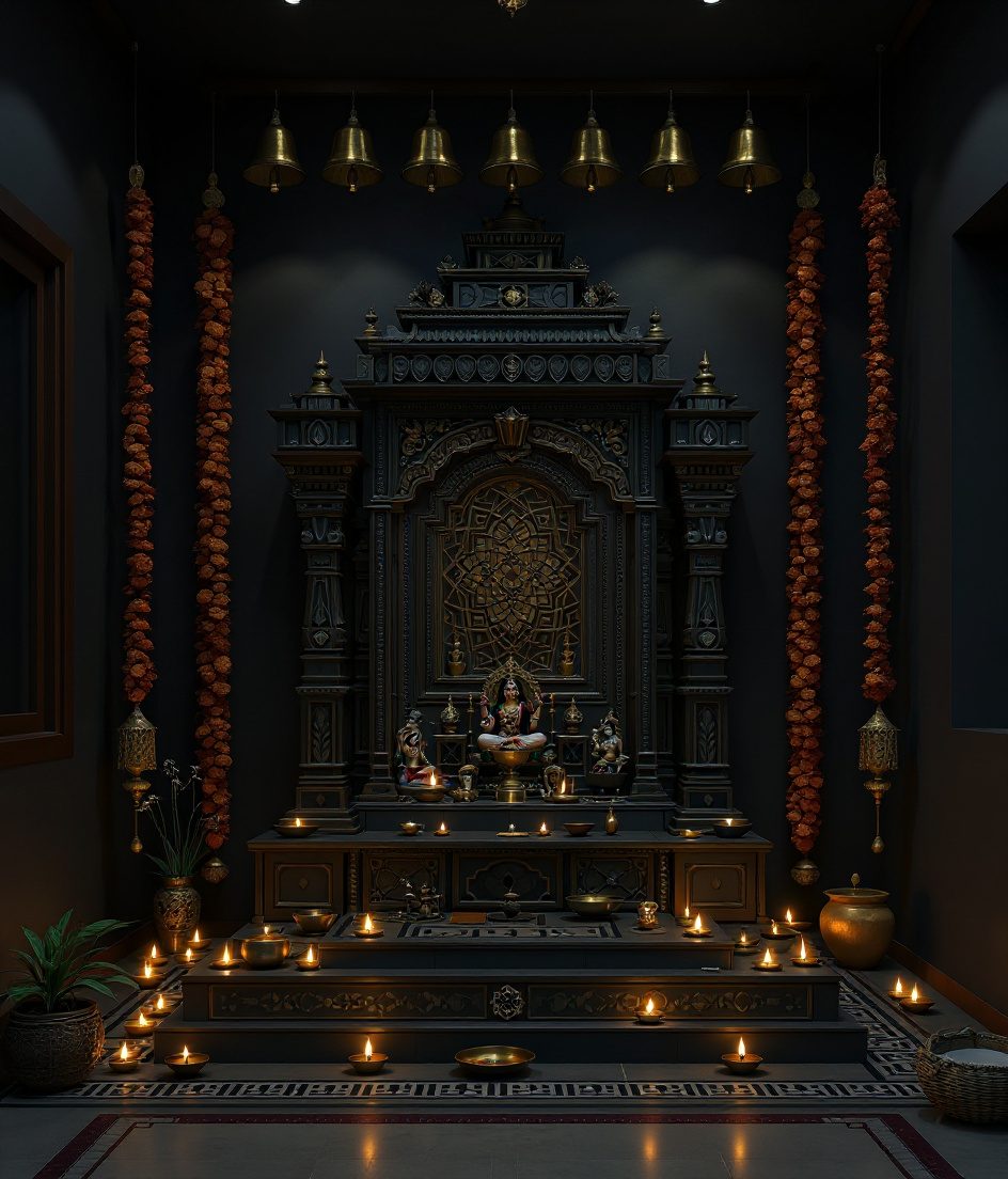 South Indian Pooja Room Kolam — Charcoal Minimal