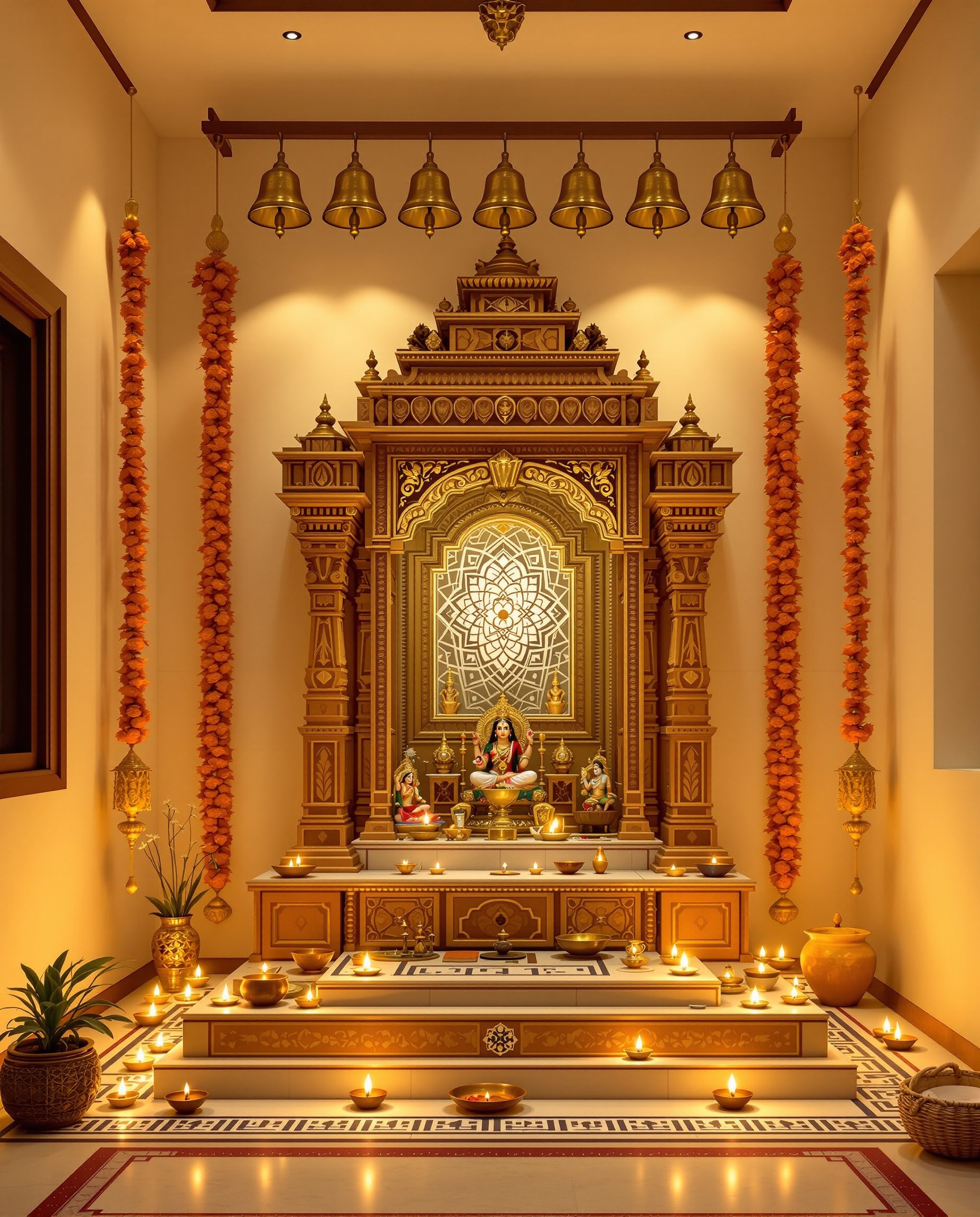 South Indian Pooja Room Kolam — Warm Oak