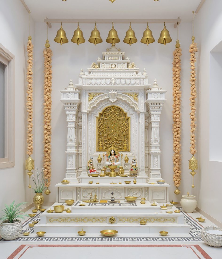 South Indian Pooja Room Kolam — White Modern