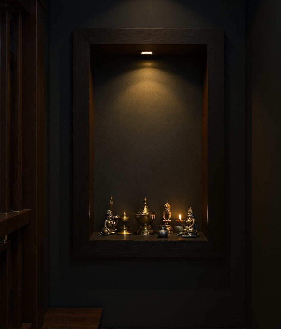 Staircase Side Niche Mandir — Charcoal Minimal