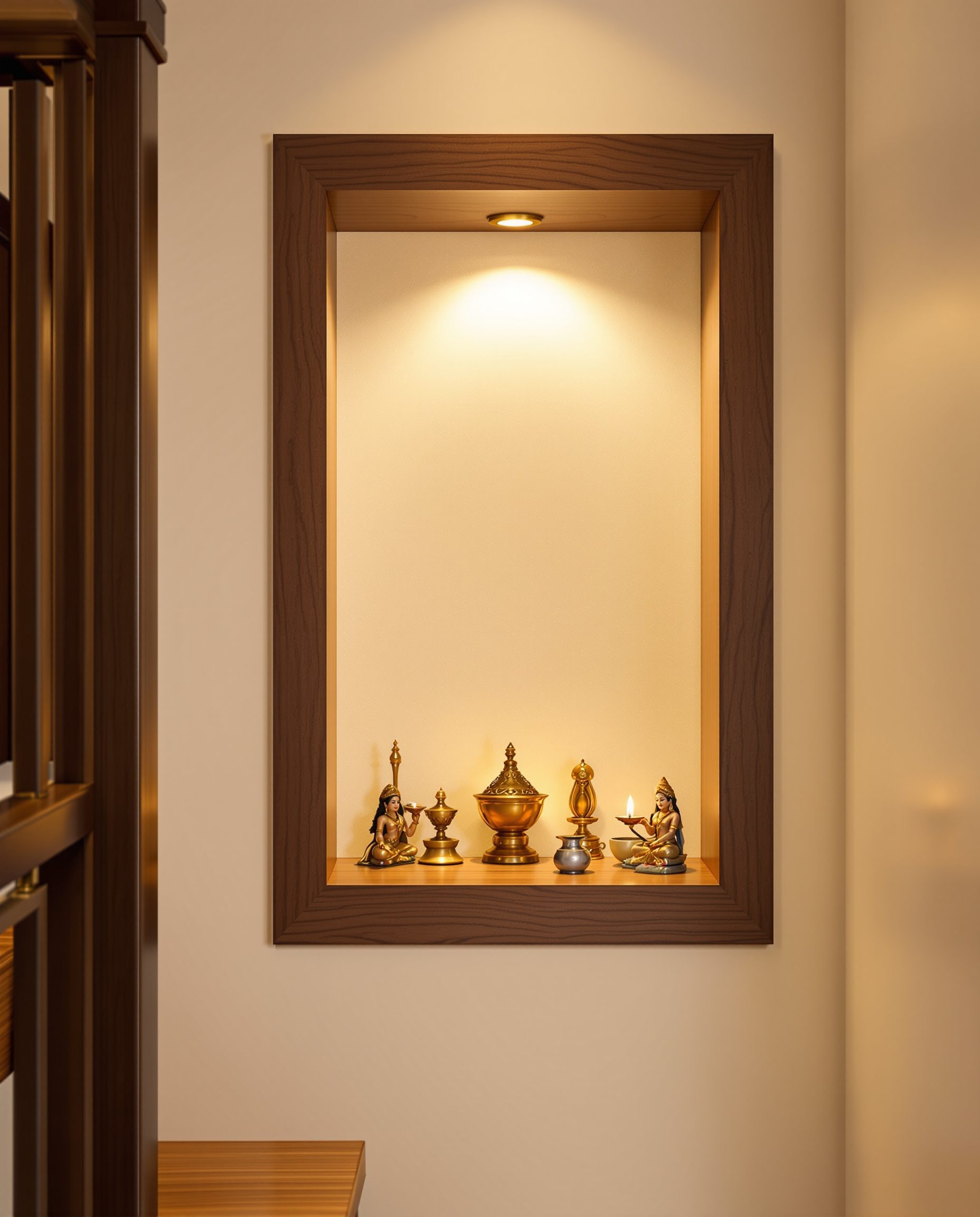 Staircase Side Niche Mandir — Walnut Classic
