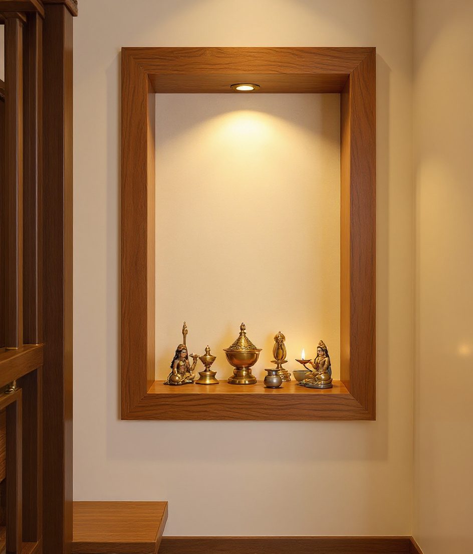 Staircase Side Niche Mandir — Warm Oak