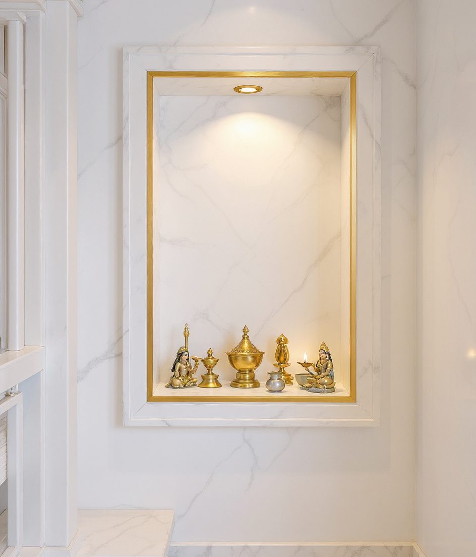 Staircase Side Niche Mandir — White Modern