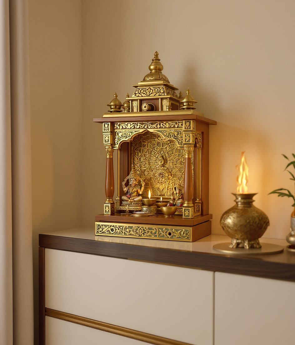 Tabletop Brass Temple Unit — Warm Oak