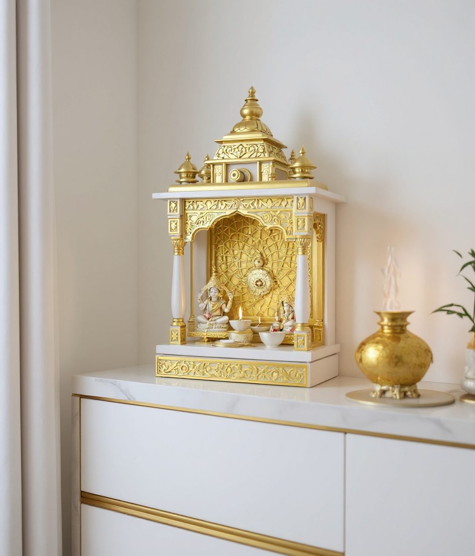 Tabletop Brass Temple Unit — White Modern