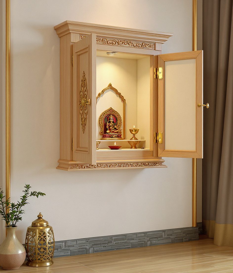 Two-Door Wall Cabinet Mandir — Warm Oak