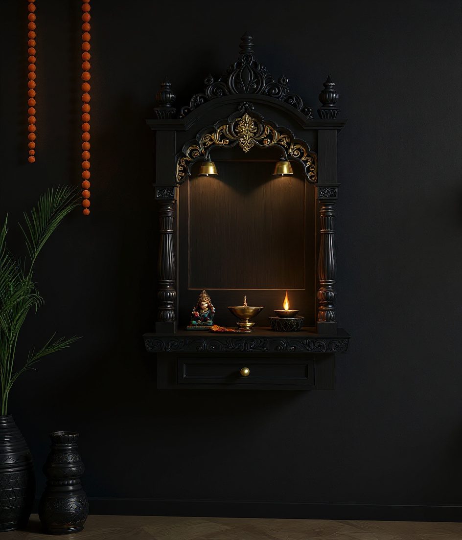 Wall-Mounted Teak Mandir — Charcoal Minimal