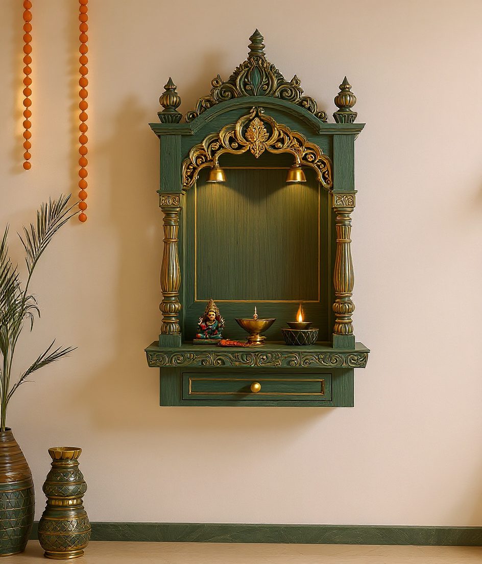 Wall-Mounted Teak Mandir — Sage & Brass