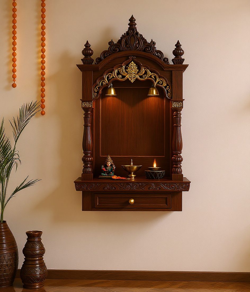 Wall-Mounted Teak Mandir — Walnut Classic