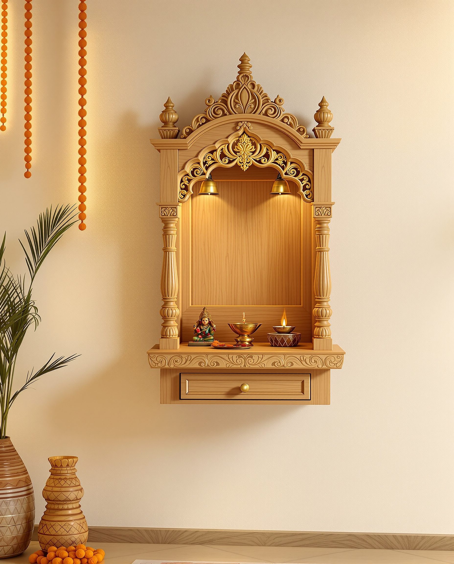 Wall-Mounted Teak Mandir