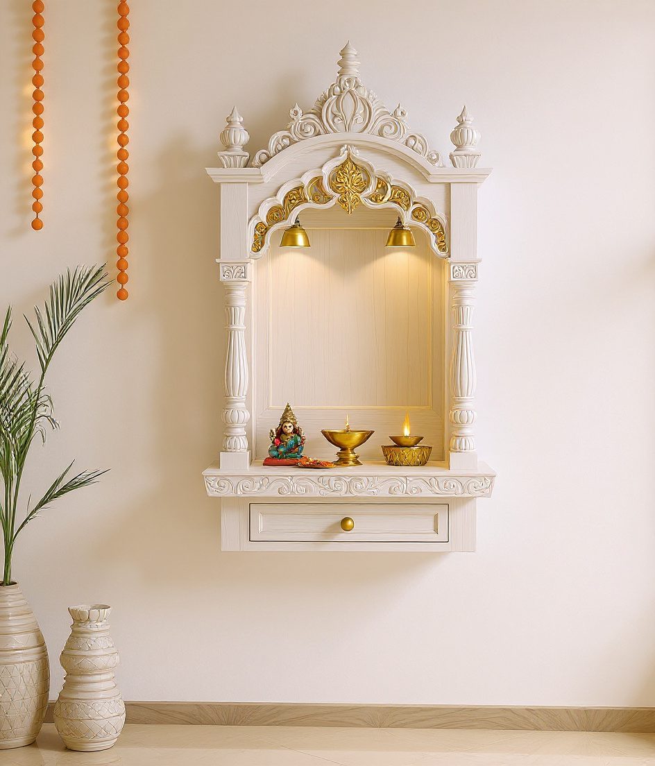 Wall-Mounted Teak Mandir — White Modern