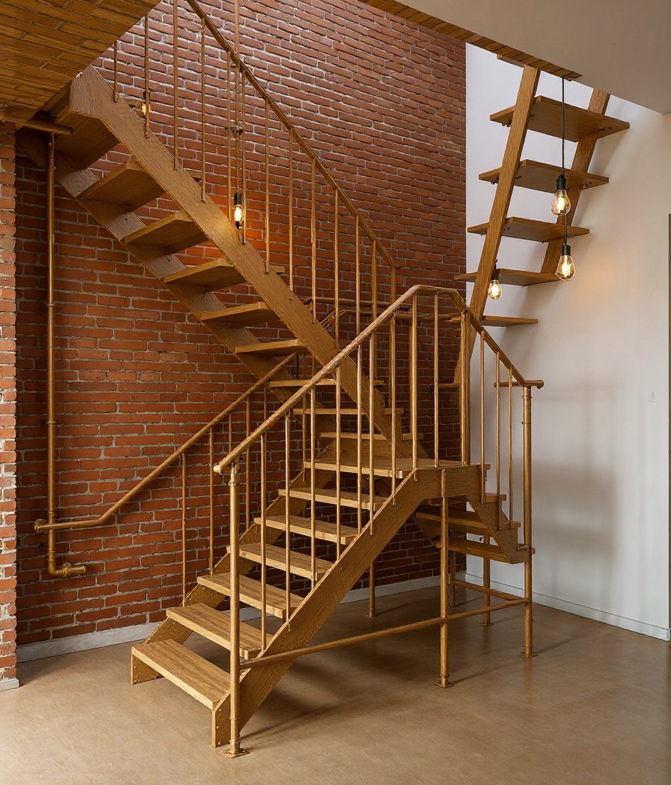 Industrial L Loft Stair — Warm Oak