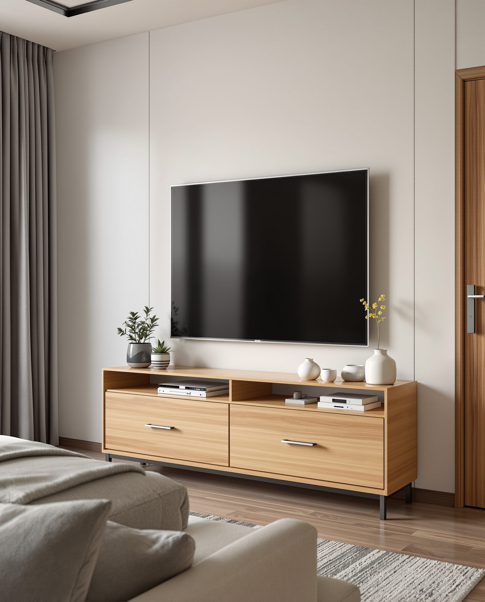 Bedroom TV Unit With Storage — Warm Oak