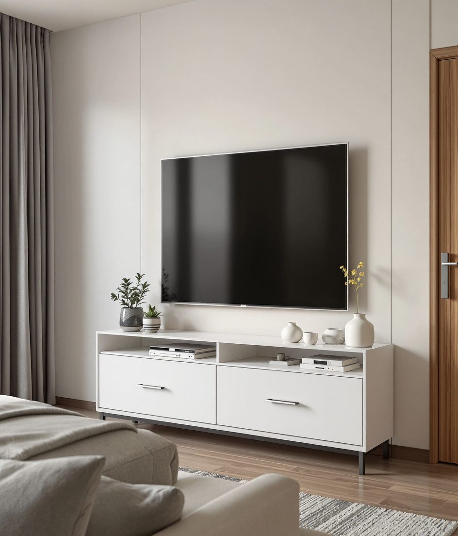 Bedroom TV Unit With Storage — White Modern