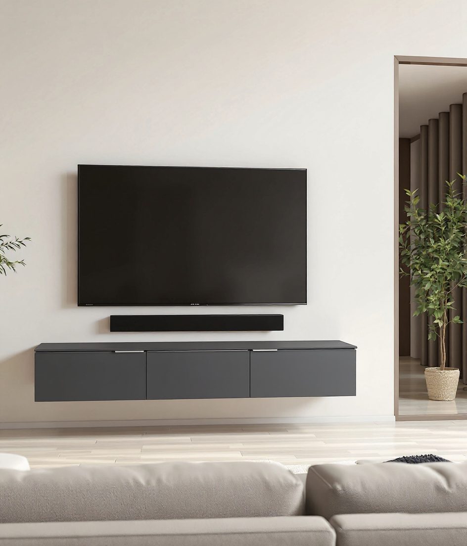 Floating TV Unit With Cabinet — Charcoal Minimal