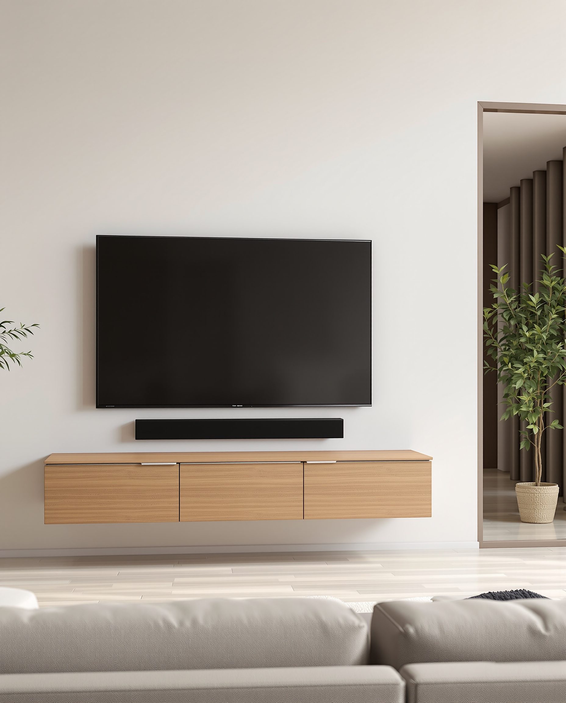 Floating TV Unit With Cabinet — Warm Oak