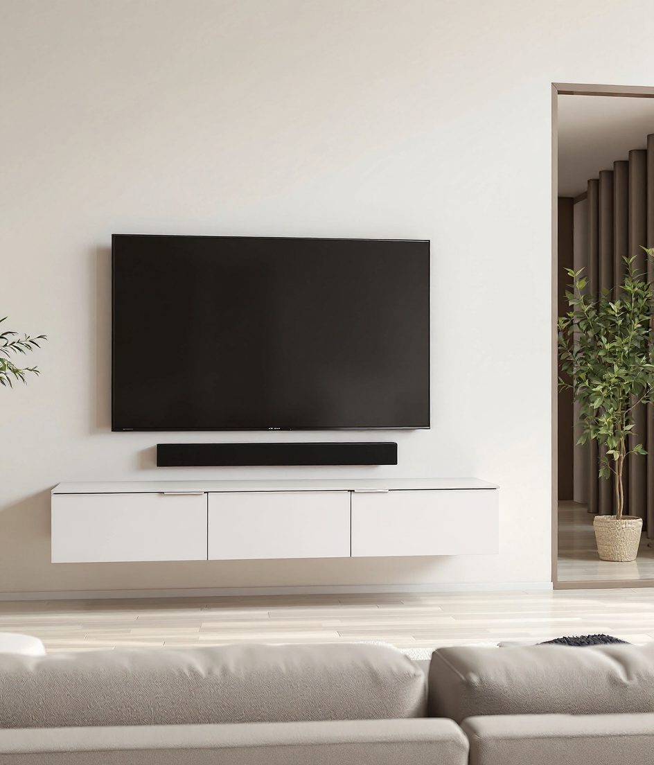 Floating TV Unit With Cabinet — White Modern