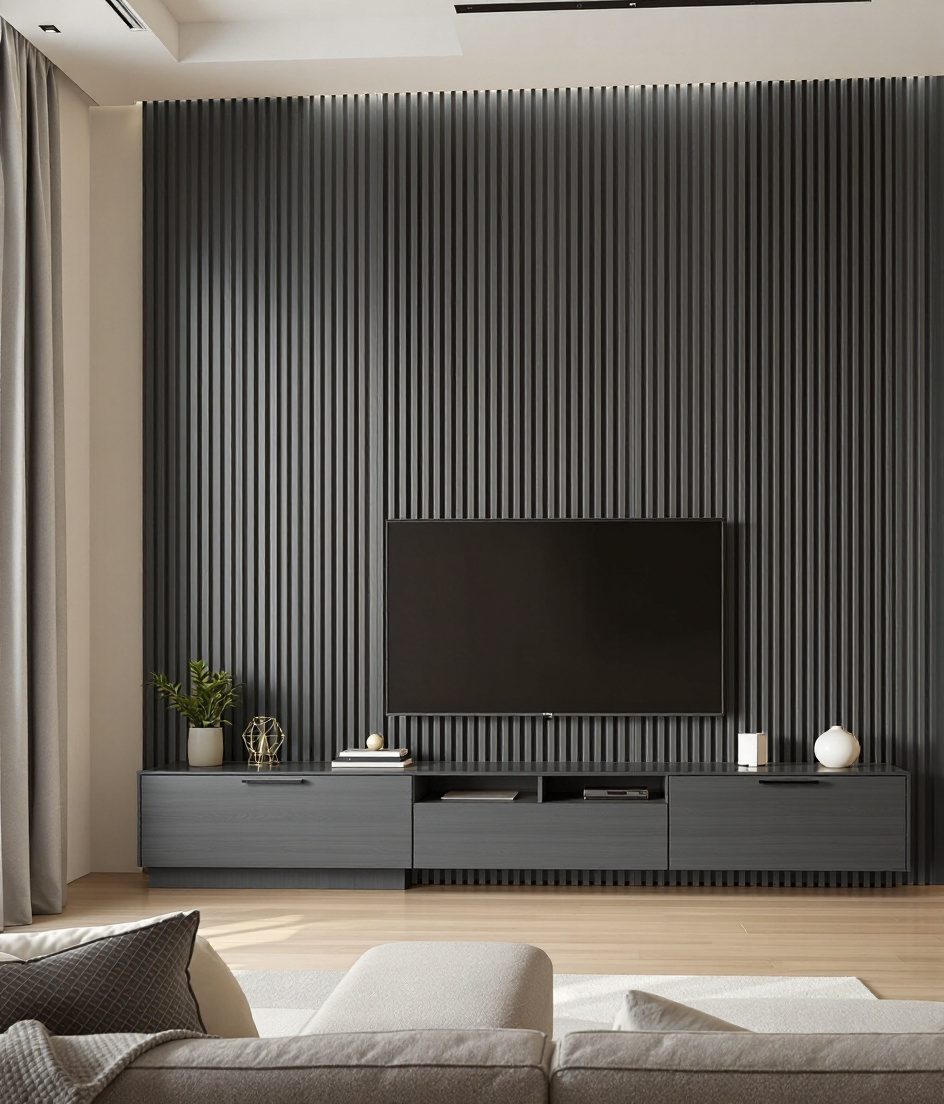 Fluted-Panel TV Unit — Charcoal Minimal
