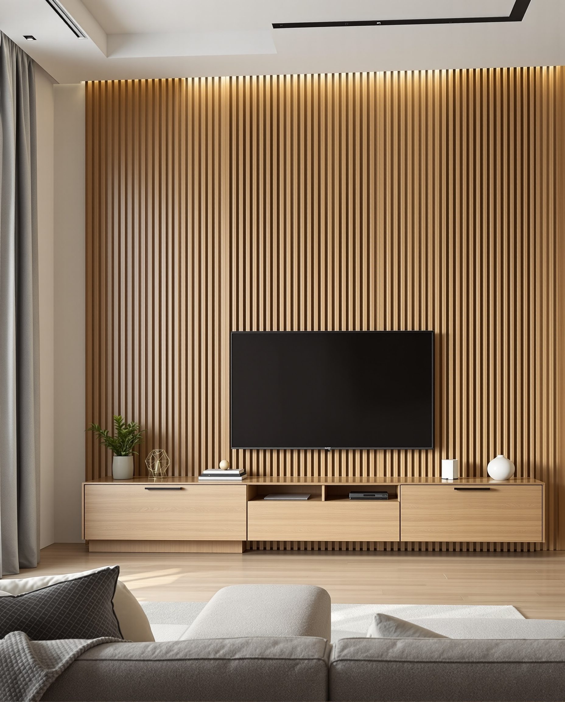 Fluted-Panel TV Unit — Warm Oak