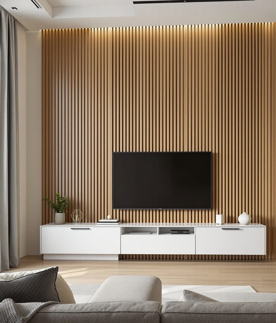 Fluted-Panel TV Unit — White Modern