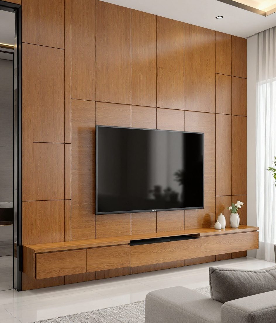 Full-Wall TV Panelling — Warm Oak