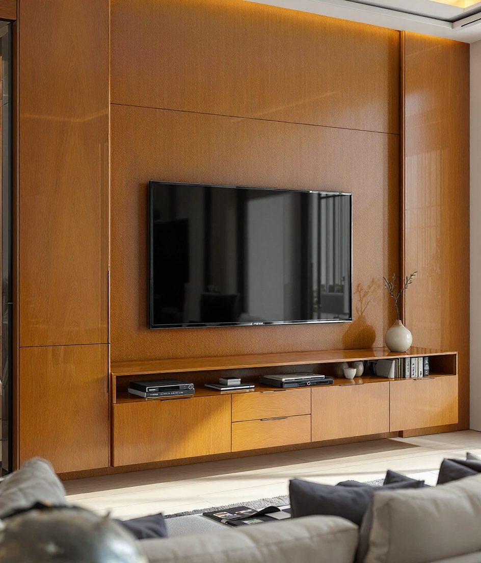 High-Gloss TV Unit — Warm Oak