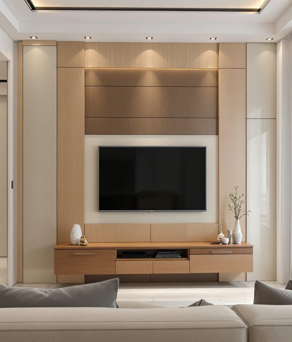 Luxury Feature Wall TV Unit — Warm Oak