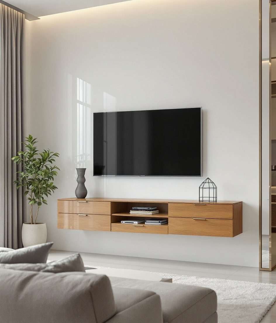 Minimalist Floating TV Console — Warm Oak