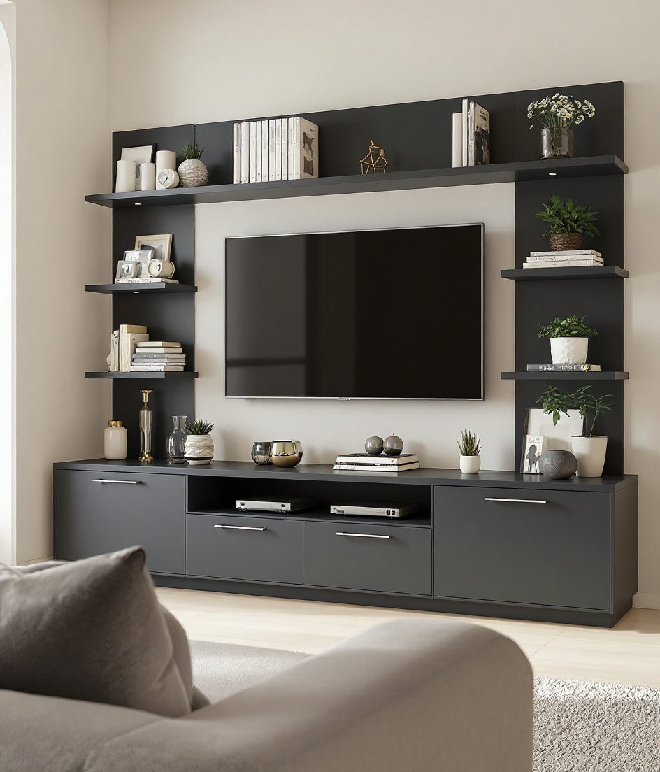 Open-Shelf TV Unit — Charcoal Minimal