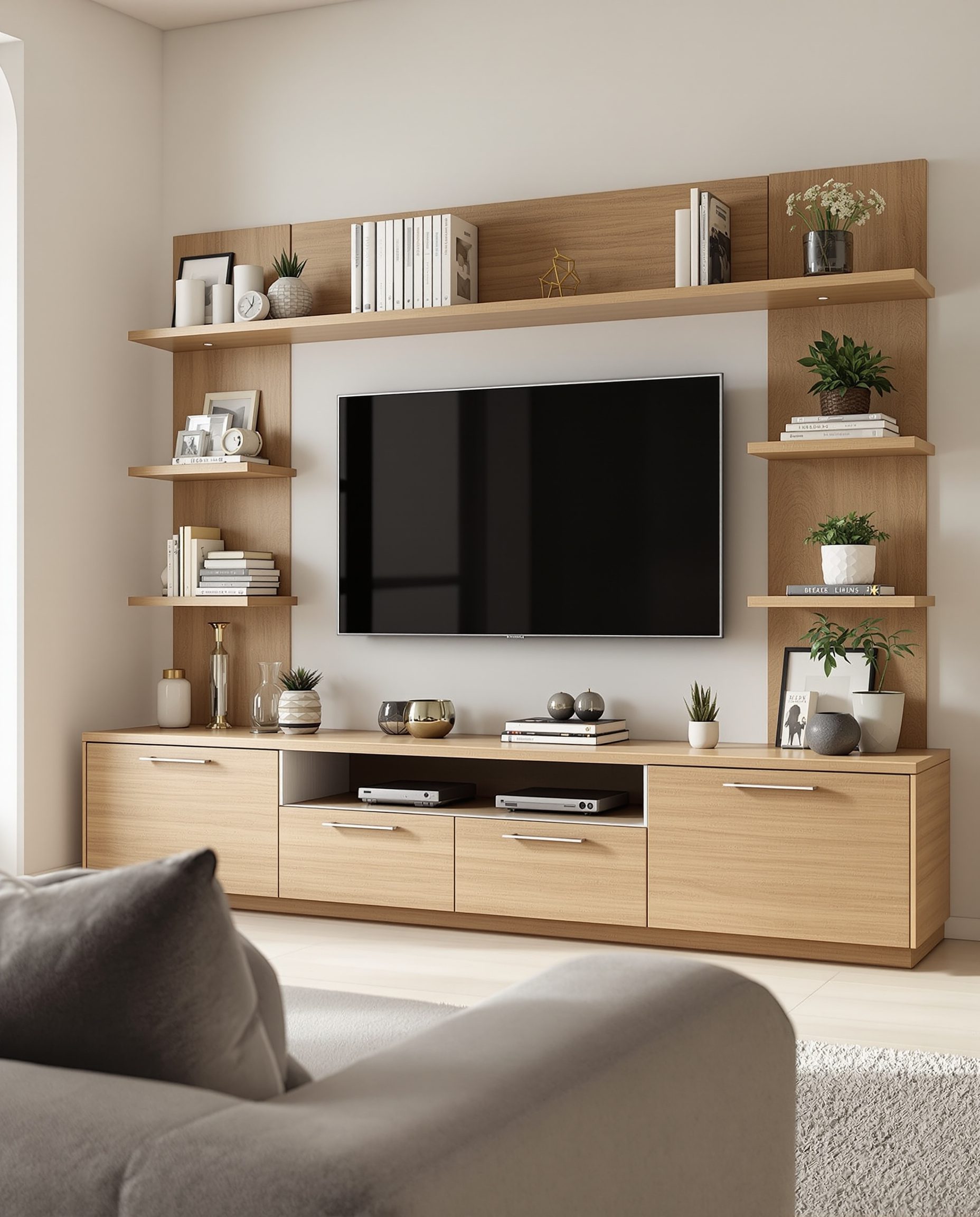 Open-Shelf TV Unit — Warm Oak