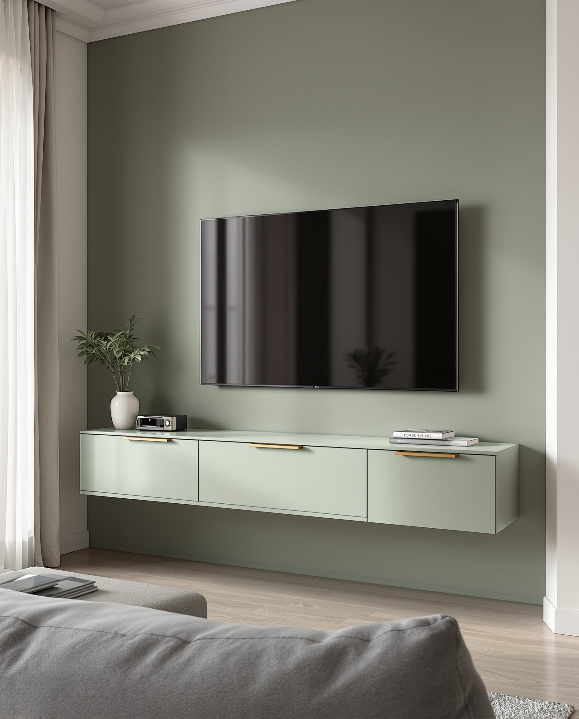Sage-Green TV Unit — Sage & Brass