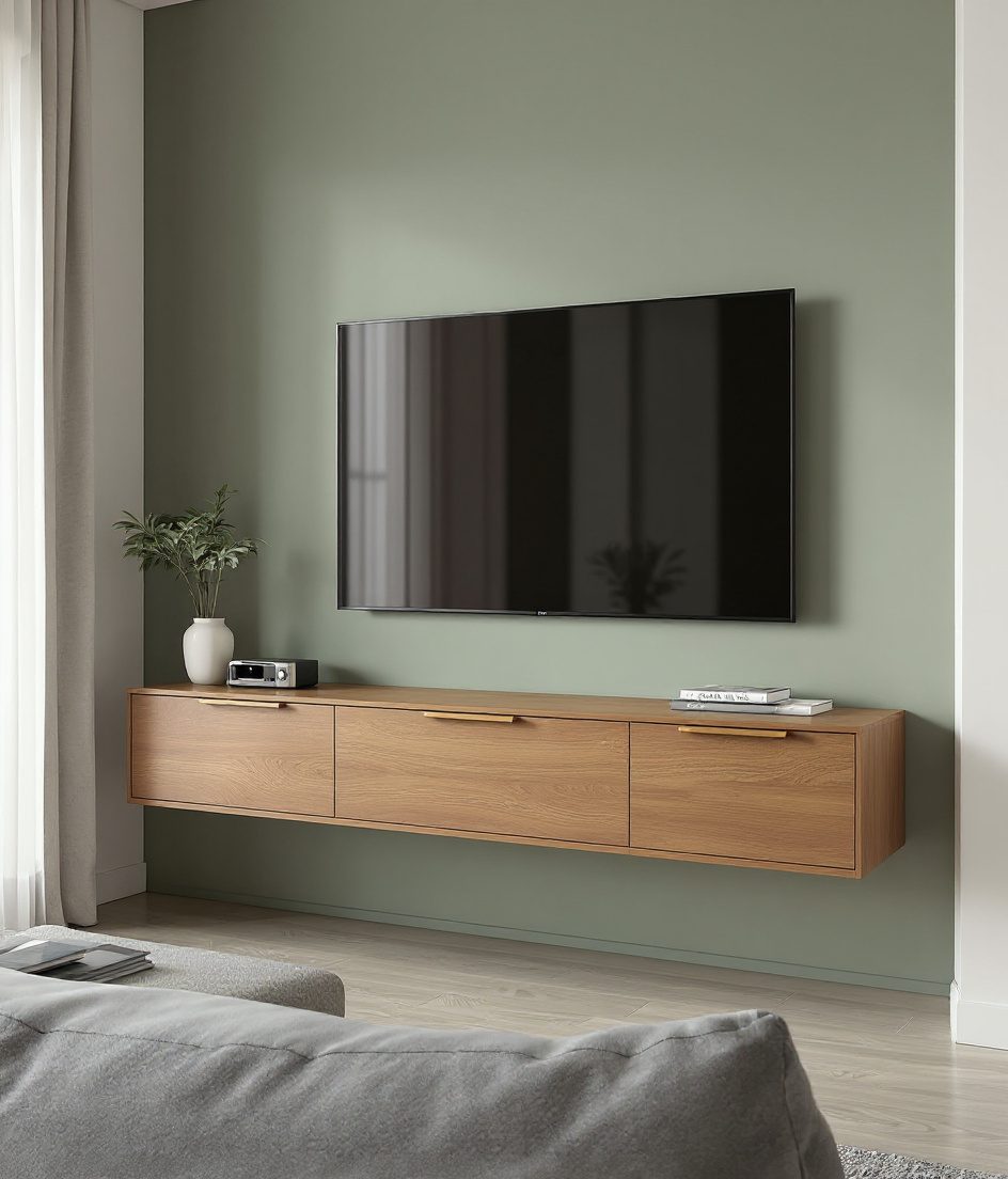 Sage-Green TV Unit — Warm Oak