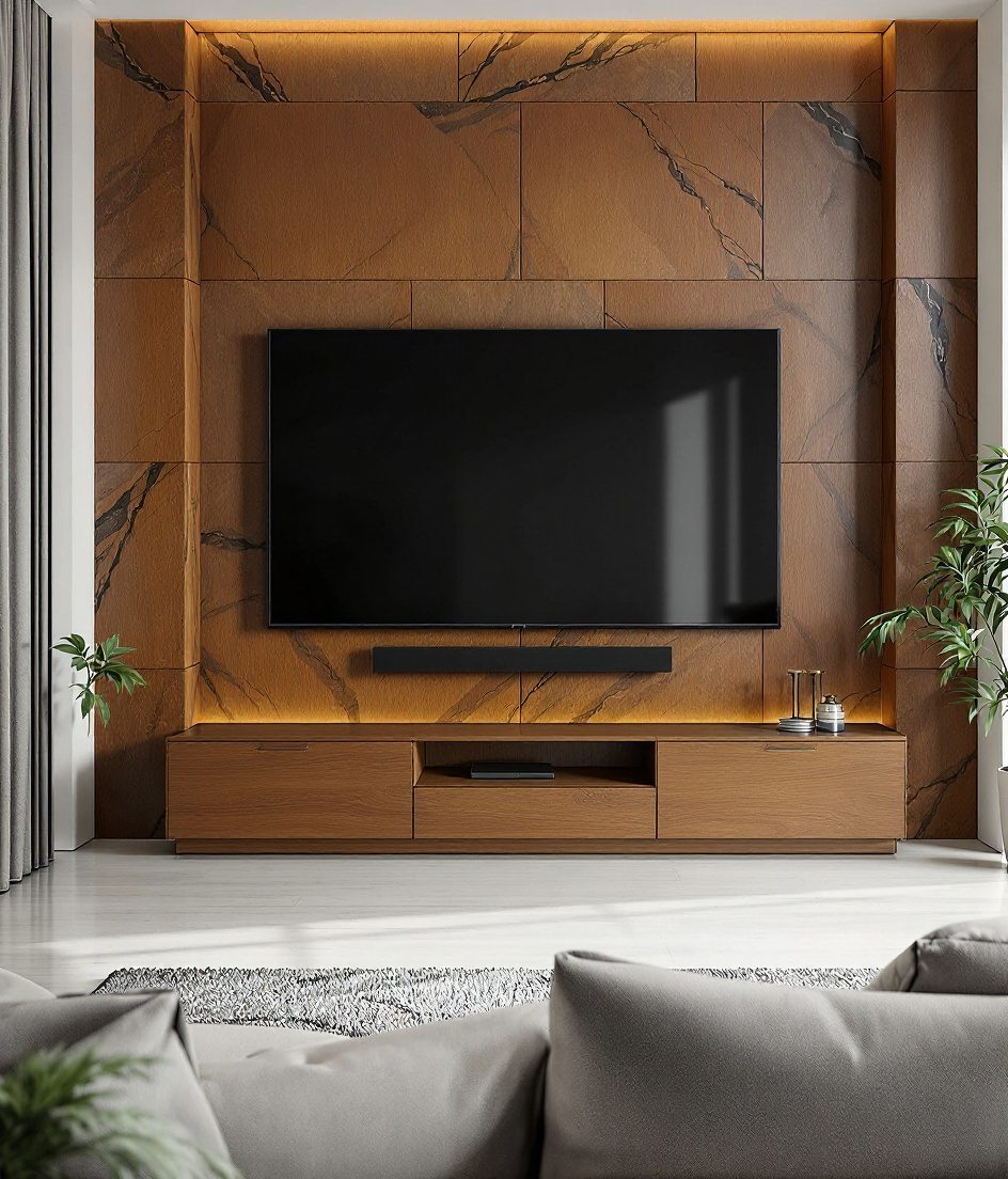 Stone-Clad TV Unit — Warm Oak