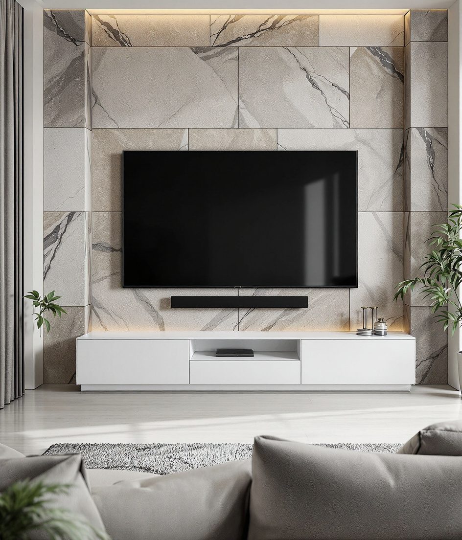 Stone-Clad TV Unit — White Modern