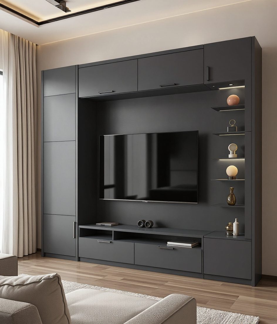 TV Unit As Room Divider — Charcoal Minimal