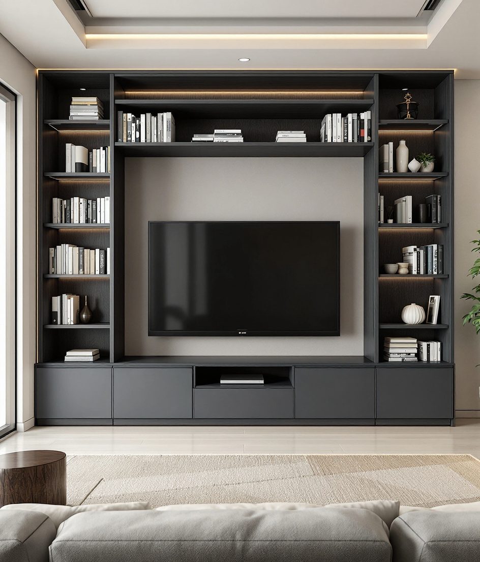 TV Unit With Bookshelf — Charcoal Minimal