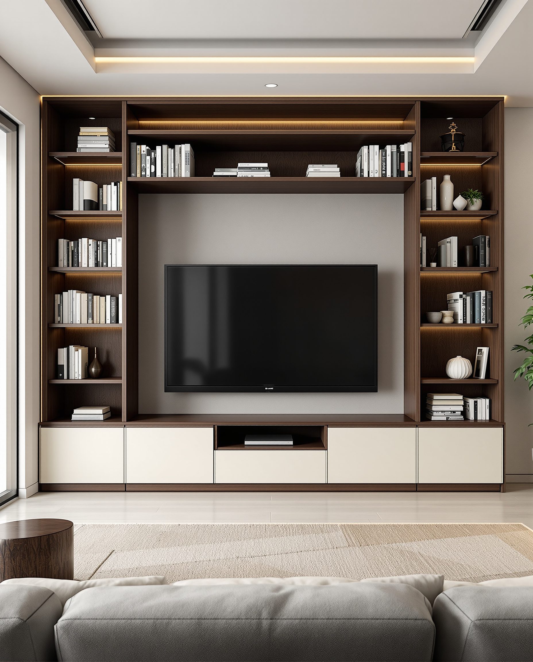 TV Unit With Bookshelf — Walnut Classic