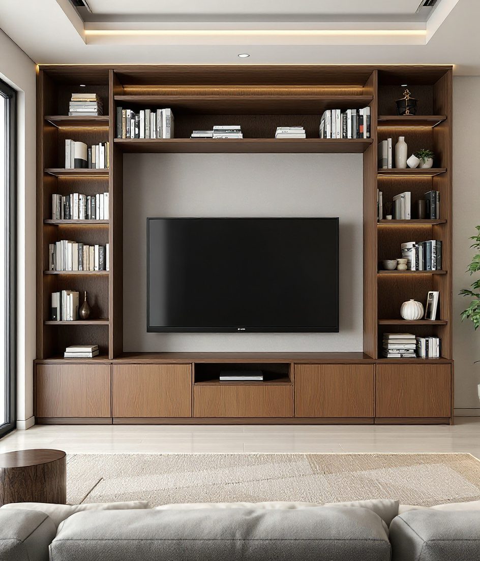 TV Unit With Bookshelf — Warm Oak