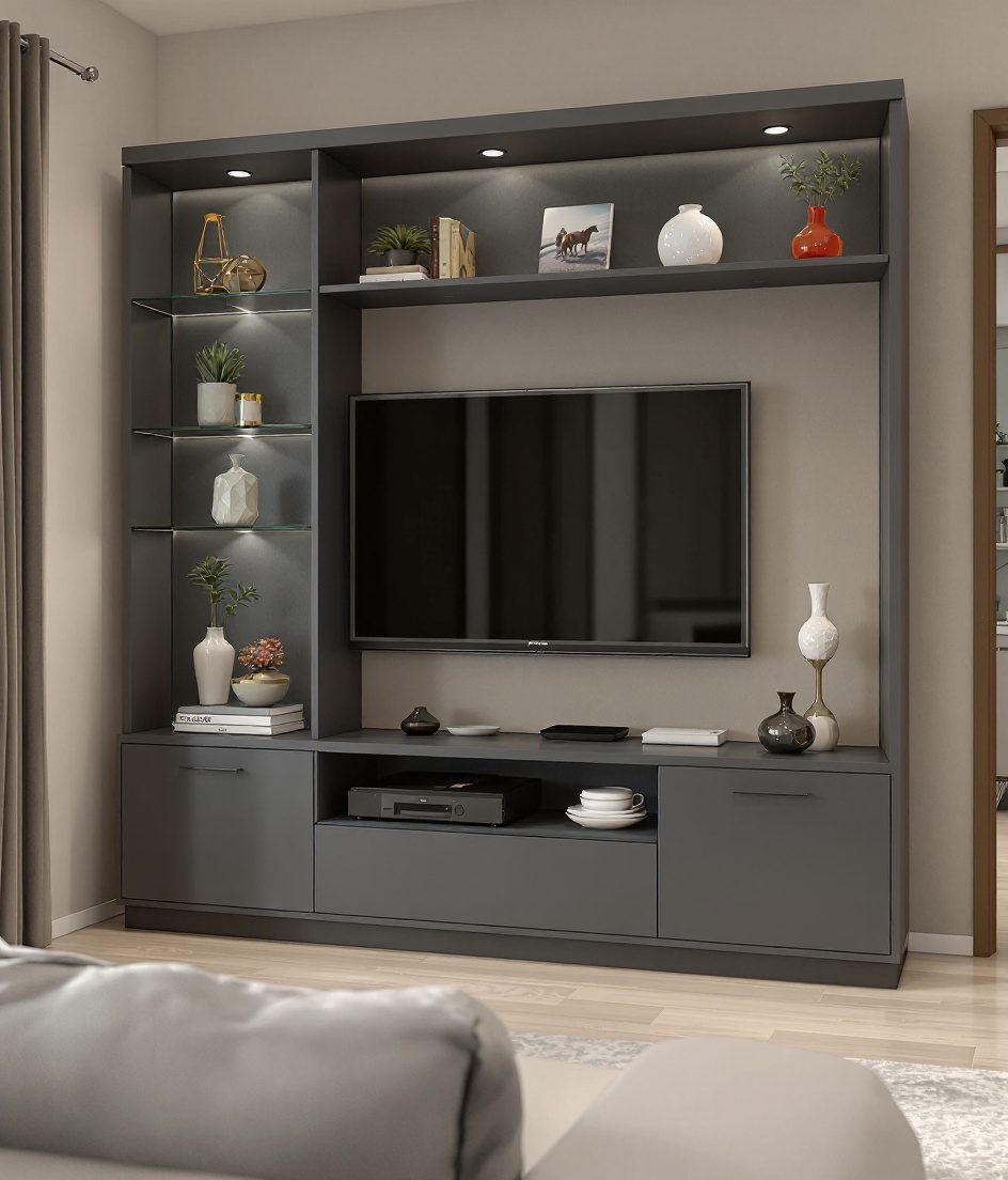 TV Unit With Glass Shelves — Charcoal Minimal