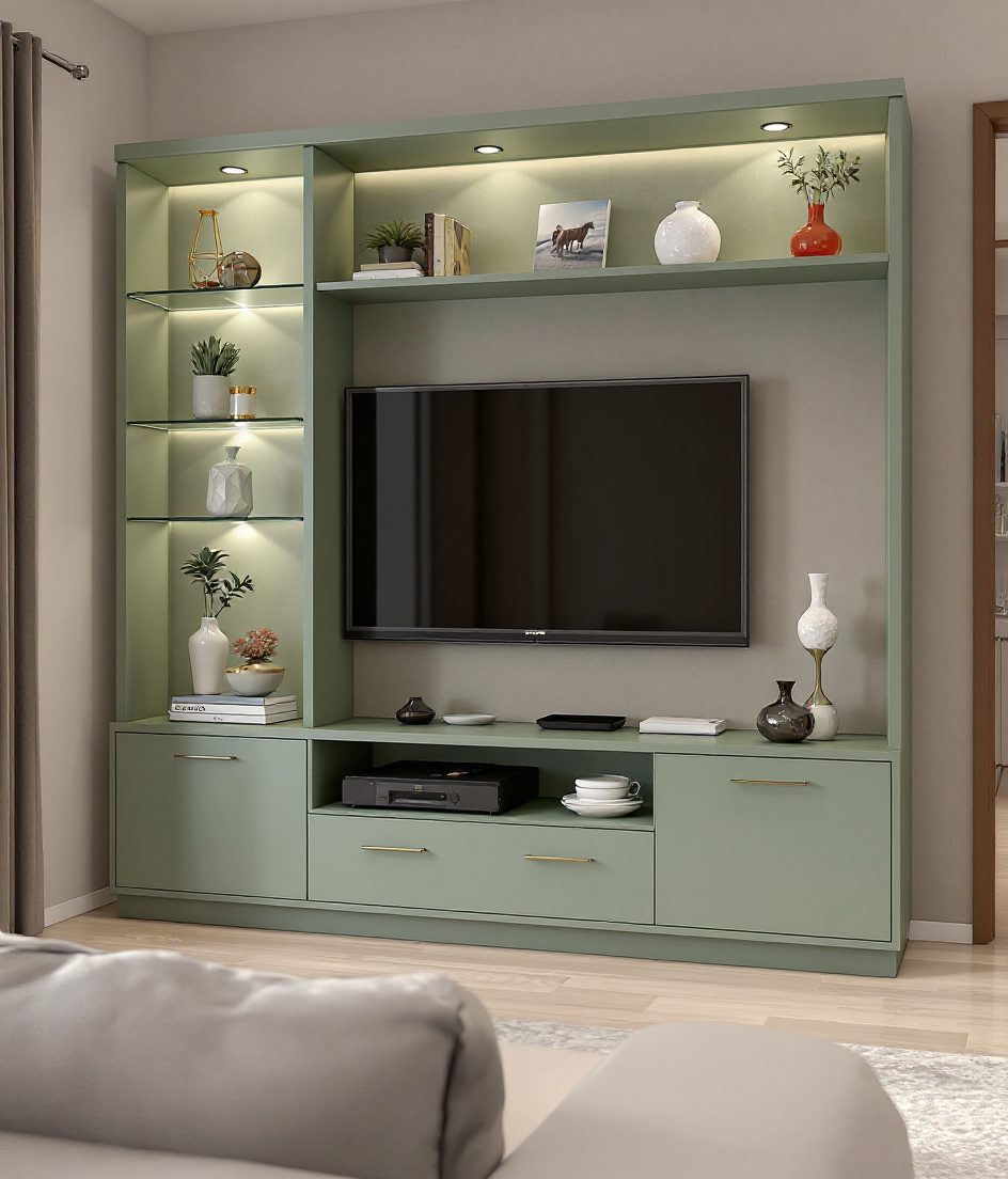 TV Unit With Glass Shelves — Sage & Brass