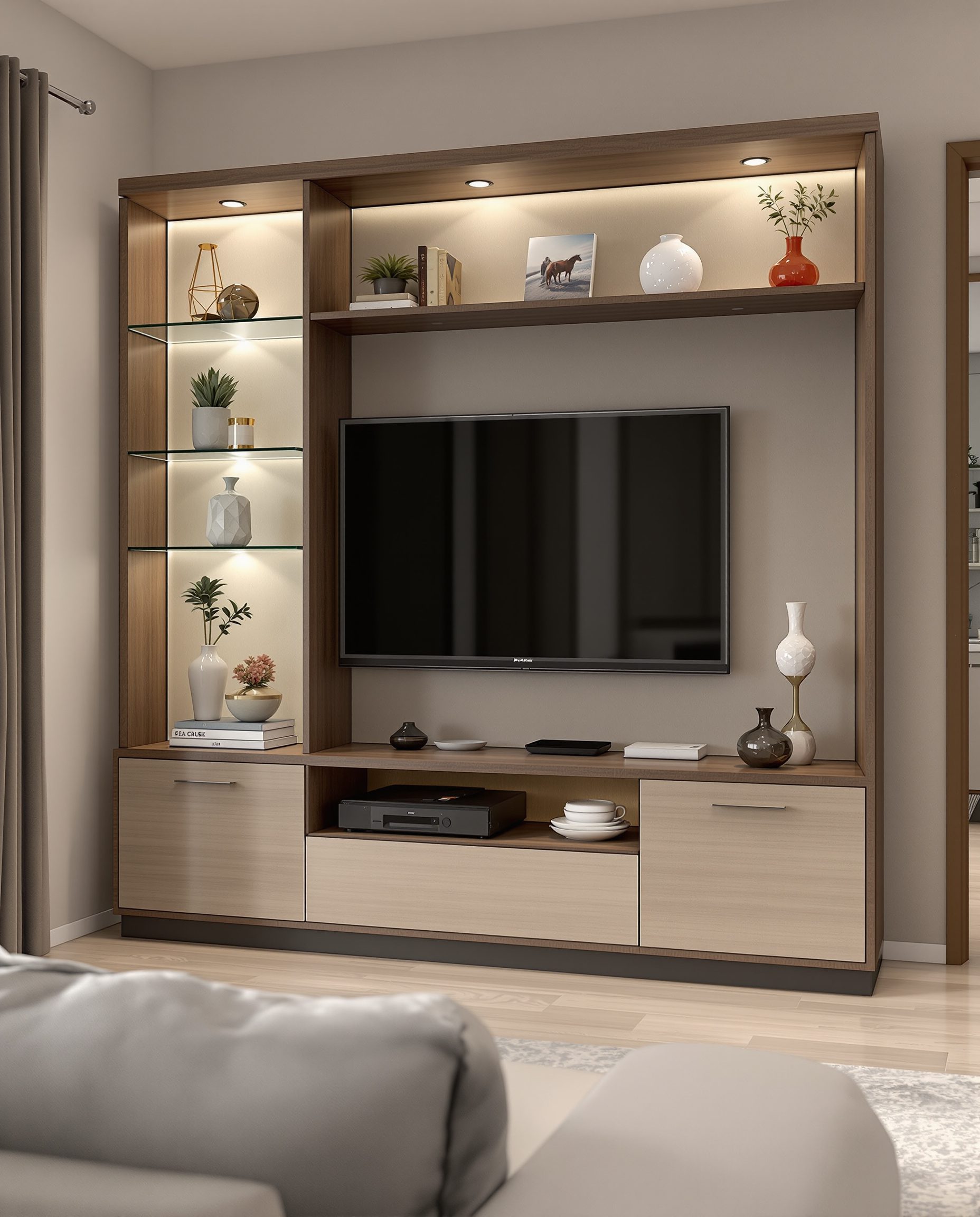 TV Unit With Glass Shelves — Walnut Classic