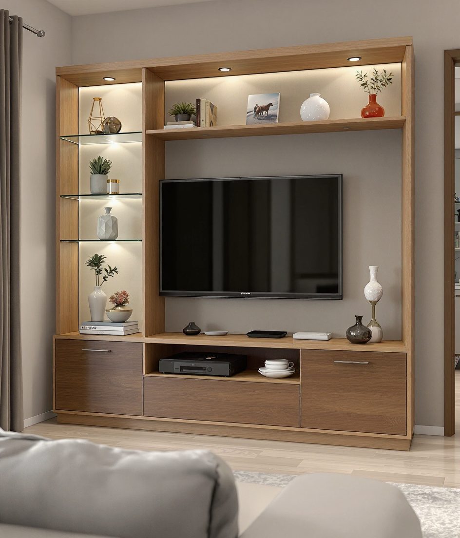 TV Unit With Glass Shelves — Warm Oak
