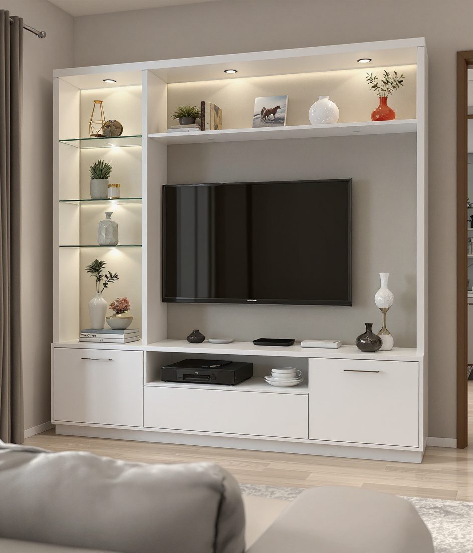 TV Unit With Glass Shelves — White Modern