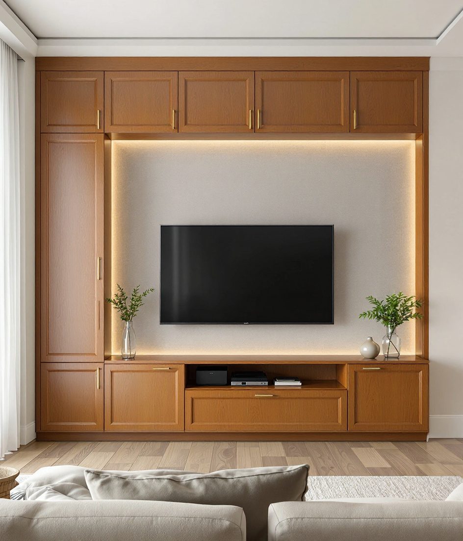 TV Unit With Pelmet Lighting — Warm Oak