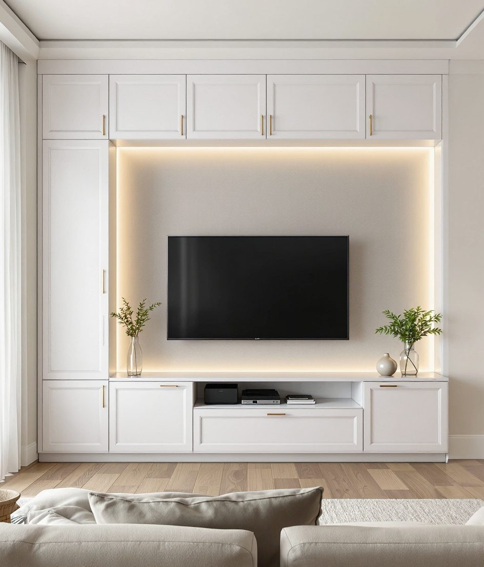 TV Unit With Pelmet Lighting — White Modern