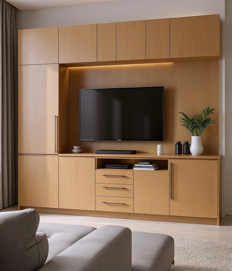 TV Unit With Storage Cabinets — Warm Oak