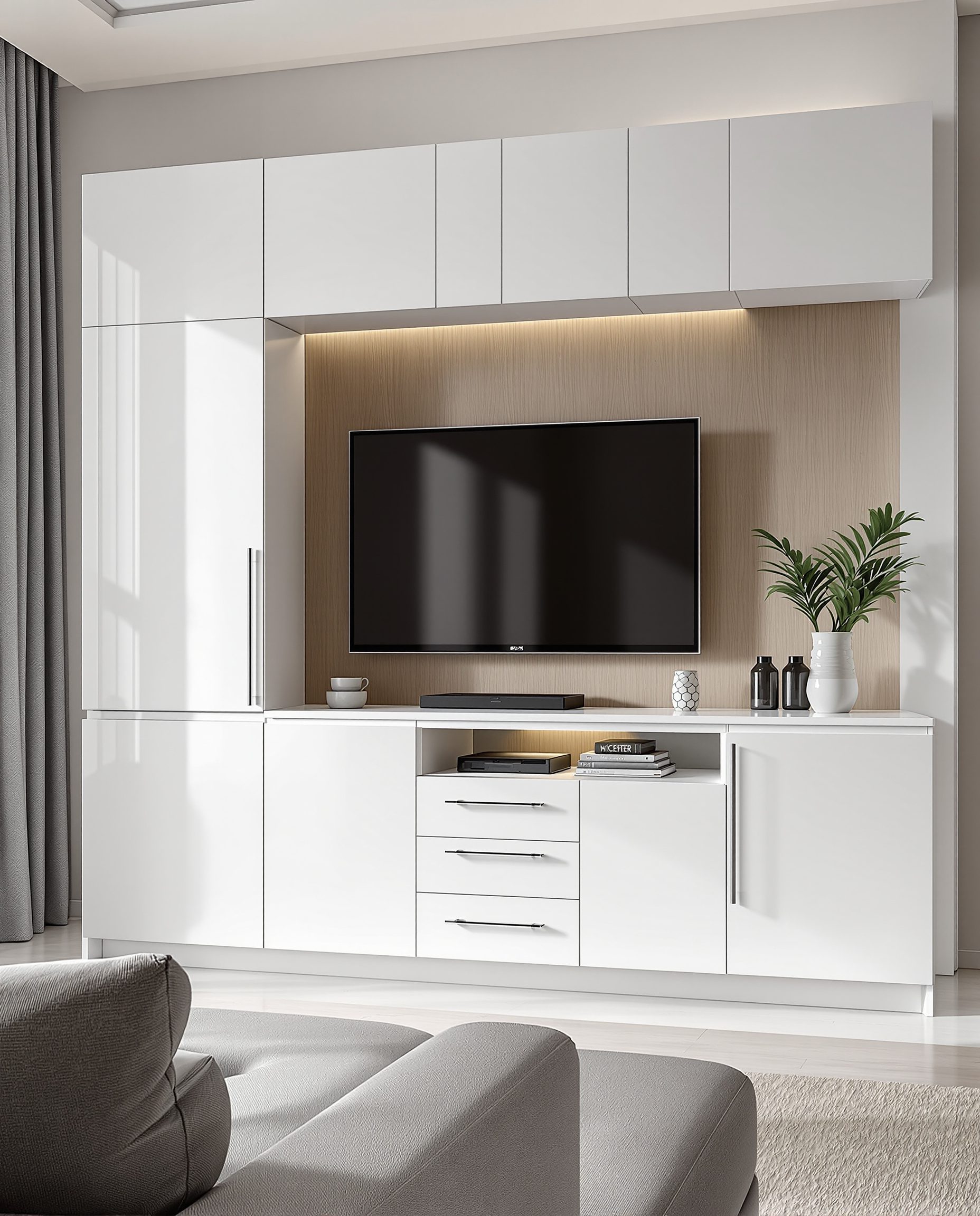 TV Unit With Storage Cabinets — White Modern