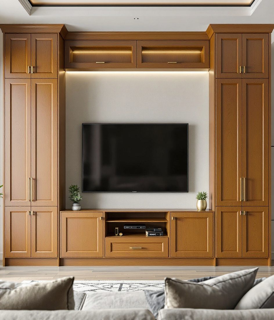 TV Unit With Tall Storage — Warm Oak