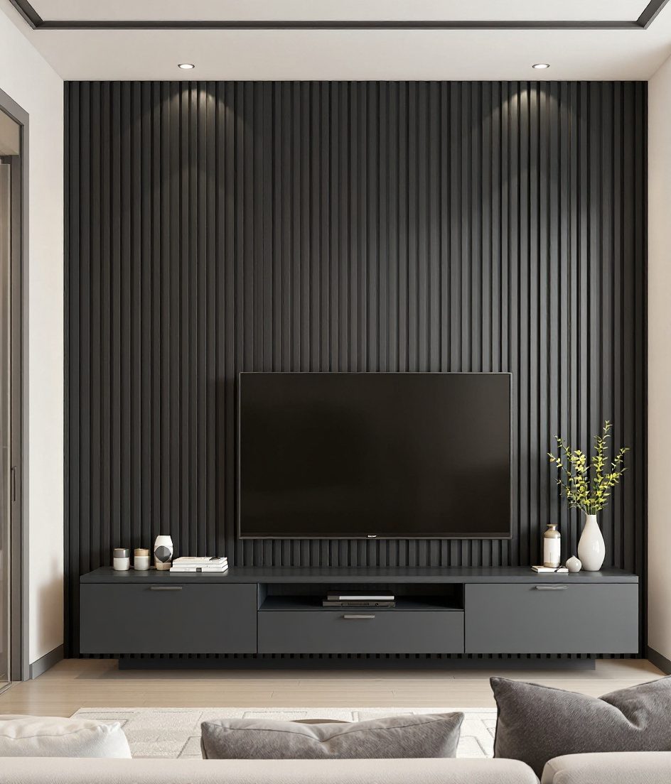 Wooden Slat TV Unit — Charcoal Minimal